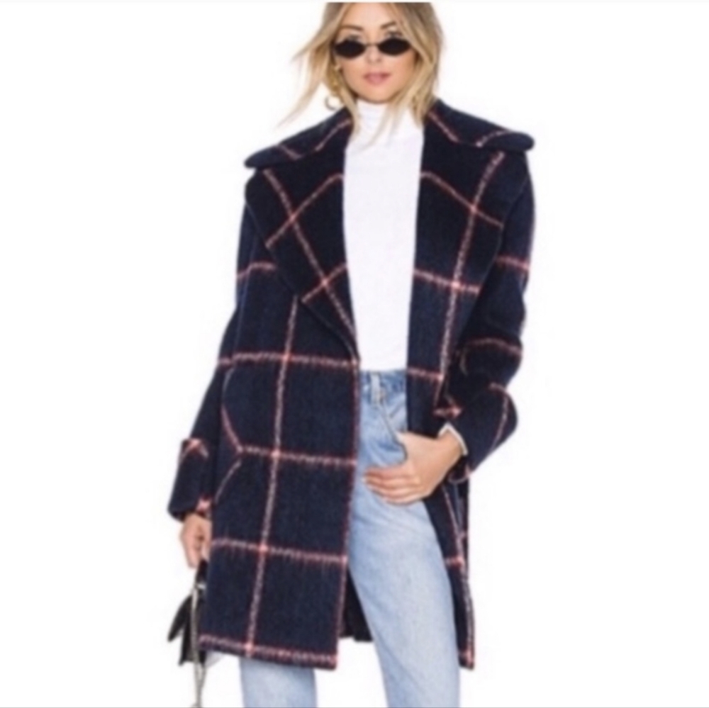 KENDALL & KYLIE PLAID NAVY WOOL COAT JACKET